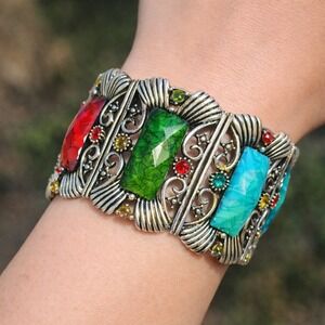 TWO Vintage Fantasy Panel Bracelets Filigree Lucite Rhinestone Statement Cuff